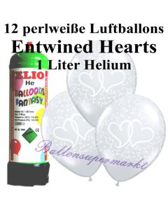 Ballons und Helium Mini Set zur Hochzeit, Entwined Hearts perlweiß mit Einwegbehälter