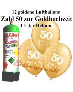 Ballons und Helium Mini Set, Goldene Hochzeit mit Einwegbehälter