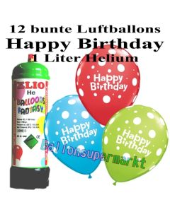 Ballons und Helium Mini Set zum Geburtstag, Happy Birthday bunt gemischt mit Einwegbehälter