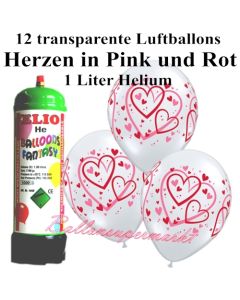 Ballons und Helium Mini Set zur Hochzeit, Heart Pattern transparent mit Einwegbehälter