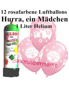 Ballons und Helium Mini Set zu Geburt, Babyparty, Taufe, Hurra, ein Mädchen mit Einwegbehälter