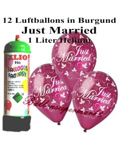 Ballons und Helium Mini Set, Just Married, burgund mit Einwegbehälter