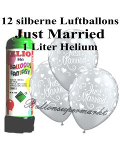 Ballons und Helium Mini Set, Just Married, silber mit Einwegbehälter