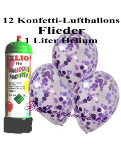 Ballons und Helium Mini Set, Konfettiballons, flieder mit Einwegbehälter