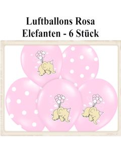Baby Luftballons, Elefanten mit Luftballontraube, Punkten und Wölkchen, Rosa, 6 Stück