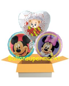 3 Luftbaloons aus Folie, Mickey Maus, Minnie Maus und Happy Birthday Baerchen , inklusive Helium 