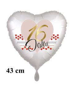 16 Jahre Herzluftballon aus Folie zum 16. Geburtstag, 43 cm, satinweiß, mit Ballongas-Helium