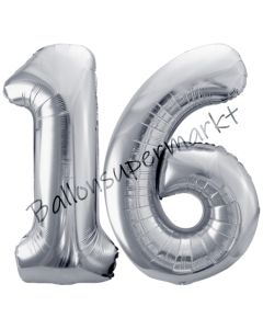 Luftballon Zahl 16, silber, 86 cm