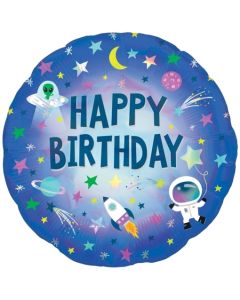 Outer Space Happy Birthday, irisierend, Weltraum Luftballon aus Folie ohne Helium
