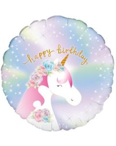 Happy Birthday Unicorn, holografischer Rundballo, heliumgefüllt