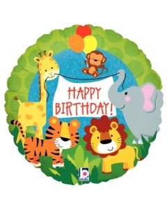 Happy Birthday Jungle Animals, Holografischer Luftballon aus Folie zum Geburtstag, ohne Helium