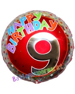 Luftballon aus Folie zum 9. Geburtstag, Happy Birthday Milestone 9, inklusive Ballongas