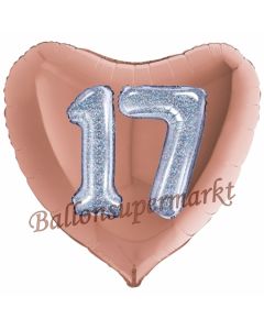 Herzluftballon Jumbo Zahl 17, rosegold-silber-holografisch mit 3D-Effekt zum 17. Geburtstag