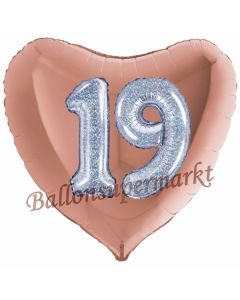 Herzluftballon Jumbo Zahl 19, rosegold-silber-holografisch mit 3D-Effekt zum 19. Geburtstag