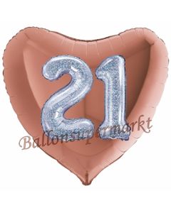 Herzluftballon Jumbo Zahl 21, rosegold-silber-holografisch mit 3D-Effekt zum 21. Geburtstag