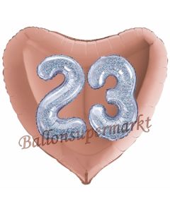 Herzluftballon Jumbo Zahl 23, rosegold-silber-holografisch mit 3D-Effekt zum 23. Geburtstag