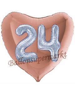 Herzluftballon Jumbo Zahl 24, rosegold-silber-holografisch mit 3D-Effekt zum 24. Geburtstag