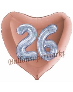 Herzluftballon Jumbo Zahl 26, rosegold-silber-holografisch mit 3D-Effekt zum 26. Geburtstag