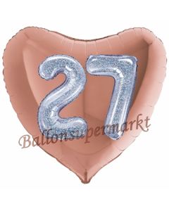 Herzluftballon Jumbo Zahl 27, rosegold-silber-holografisch mit 3D-Effekt zum 27. Geburtstag