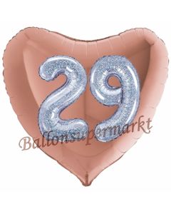 Herzluftballon Jumbo Zahl 29, rosegold-silber-holografisch mit 3D-Effekt zum 29. Geburtstag