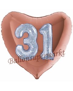 Herzluftballon Jumbo Zahl 31, rosegold-silber-holografisch mit 3D-Effekt zum 31. Geburtstag