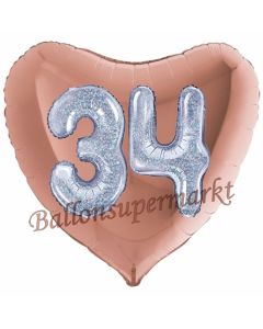 Herzluftballon Jumbo Zahl 34, rosegold-silber-holografisch mit 3D-Effekt zum 34. Geburtstag