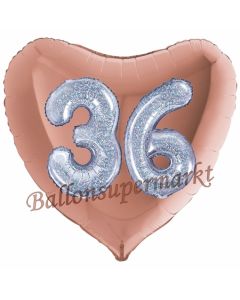 Herzluftballon Jumbo Zahl 36, rosegold-silber-holografisch mit 3D-Effekt zum 36. Geburtstag