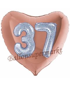 Herzluftballon Jumbo Zahl 37, rosegold-silber-holografisch mit 3D-Effekt zum 37. Geburtstag
