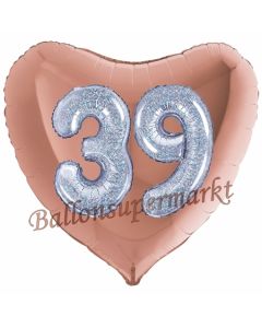 Herzluftballon Jumbo Zahl 39, rosegold-silber-holografisch mit 3D-Effekt zum 39. Geburtstag