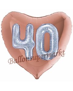 Herzluftballon Jumbo Zahl 40, rosegold-silber-holografisch mit 3D-Effekt zum 40. Geburtstag