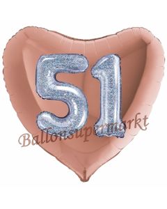Herzluftballon Jumbo Zahl 51, rosegold-silber-holografisch mit 3D-Effekt zum 51. Geburtstag