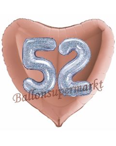 Herzluftballon Jumbo Zahl 52, rosegold-silber-holografisch mit 3D-Effekt zum 52. Geburtstag