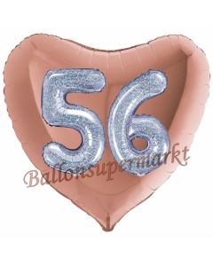 Herzluftballon Jumbo Zahl 56, rosegold-silber-holografisch mit 3D-Effekt zum 56. Geburtstag