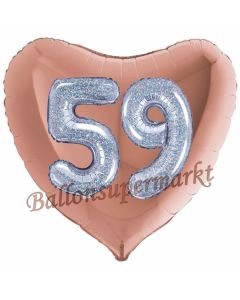 Herzluftballon Jumbo Zahl 59, rosegold-silber-holografisch mit 3D-Effekt zum 59. Geburtstag