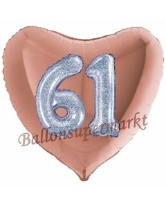 Herzluftballon Jumbo Zahl 61, rosegold-silber-holografisch mit 3D-Effekt zum 61. Geburtstag