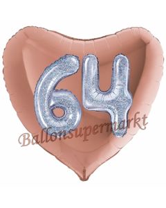 Herzluftballon Jumbo Zahl 64, rosegold-silber-holografisch mit 3D-Effekt zum 64. Geburtstag