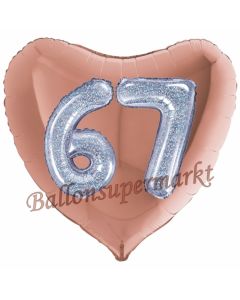 Herzluftballon Jumbo Zahl 67, rosegold-silber-holografisch mit 3D-Effekt zum 67. Geburtstag