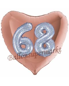 Herzluftballon Jumbo Zahl 68, rosegold-silber-holografisch mit 3D-Effekt zum 68. Geburtstag