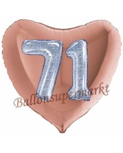 Herzluftballon Jumbo Zahl 71, rosegold-silber-holografisch mit 3D-Effekt zum 71. Geburtstag