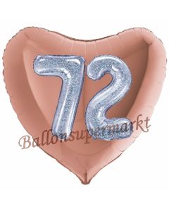 Herzluftballon Jumbo Zahl 72, rosegold-silber-holografisch mit 3D-Effekt zum 72. Geburtstag