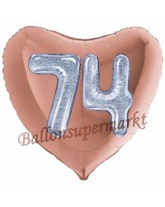 Herzluftballon Jumbo Zahl 74, rosegold-silber-holografisch mit 3D-Effekt zum 74. Geburtstag