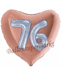 Herzluftballon Jumbo Zahl 76, rosegold-silber-holografisch mit 3D-Effekt zum 76. Geburtstag