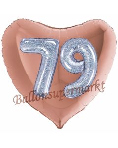 Herzluftballon Jumbo Zahl 79, rosegold-silber-holografisch mit 3D-Effekt zum 79. Geburtstag