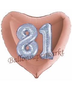 Herzluftballon Jumbo Zahl 81, rosegold-silber-holografisch mit 3D-Effekt zum 81. Geburtstag