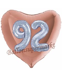 Herzluftballon Jumbo Zahl 92, rosegold-silber-holografisch mit 3D-Effekt zum 92. Geburtstag