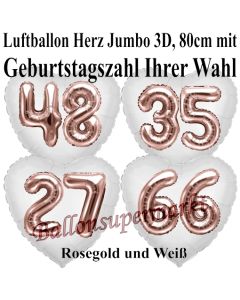 Luftballon Herz Jumbo mit Zahl nach Wahl, rosegold mit 3D-Effekt zum Geburtstag