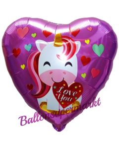 Love You Einhorn, Herzluftballon aus Folie mit herzchen, ohne Helium