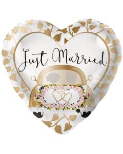 Just Married Auto Gold, Herzballon zur Hochzeit, Folienballon inklusive Helium