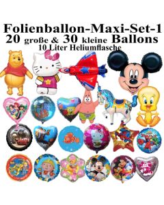 Folienballon-Maxi-Set-1, 50 Luftballons aus Folie mit der 10 Liter Ballongasflasche