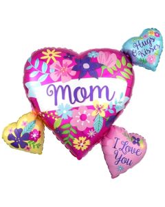 Mom Flowers Heart Cluster, Luftballon aus Folie mit Helium zum Muttertag